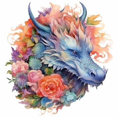 A mesmerizing 4K floral watercolor dragon clipart, where the mythical and the botanical converge in a masterpiece of artistry, intricate floral motifs intertwining with the dragon's form, every petal and scale meticulously painted with intricate details and vibrant watercolor pigments, creating a harmonious fusion of fantasy and nature
