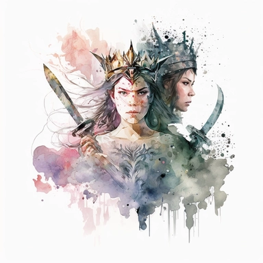 pastel colors, watercolor style, stunning warrior princess wearing a crown in a combat with an evil witch, clipart, white background