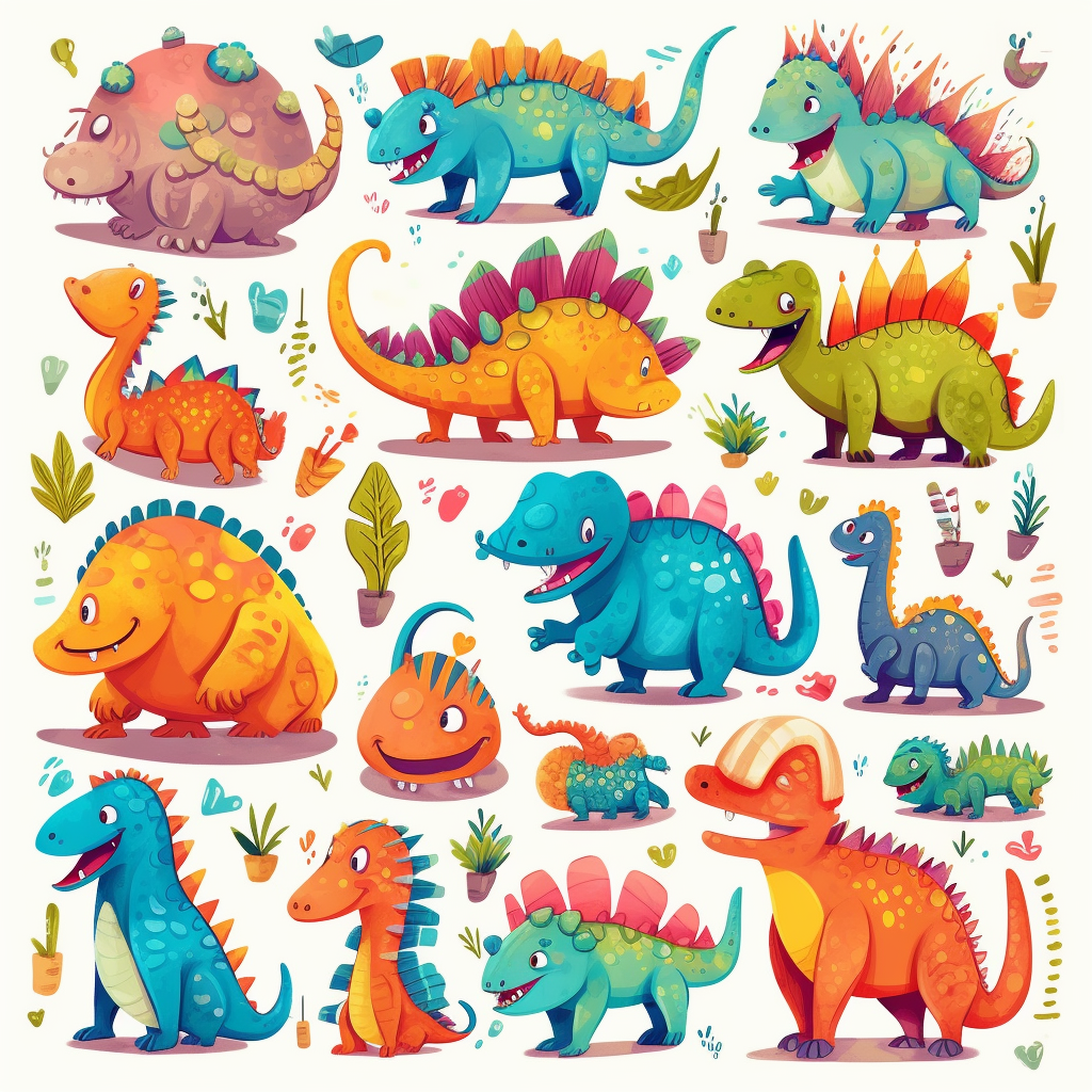 cute dinosaurs illustrations, in the style of playful visual puzzles ...