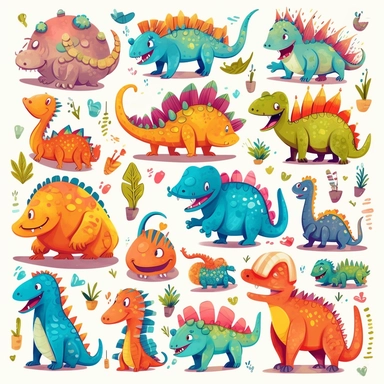 cute dinosaurs illustrations, in the style of playful visual puzzles, vibrant brushstrokes, digital painting and drawing, playful and whimsical designs, scrapbook, henri rousseau, detailed textures, dinosaurs eps illustrations, in the style of playful brushstrokes, playful visual puzzles, whimsical collages, art of tonga, vividly bold designs, watercolor, vibrant comics, clip art, vector illustrations, vector clipart, in the style of vibrant and textured brushwork, playful visual puzzles, vibran