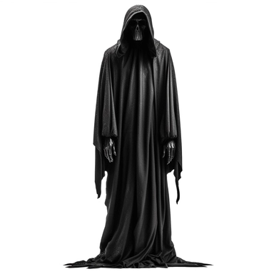 DEATH APPARENT IN BLACK CLOTHES WITHOUT A FACE SCARY CLIPART ON A WHITE BACKGROUND
