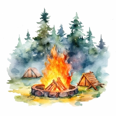 watercolor colorful clipart of a joyful summer campfire, hd, on white background