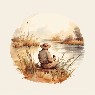 watercolor vintage fishing man, man in straw hat fishing among reeds by an idyllic lake clipart, no background, 4K