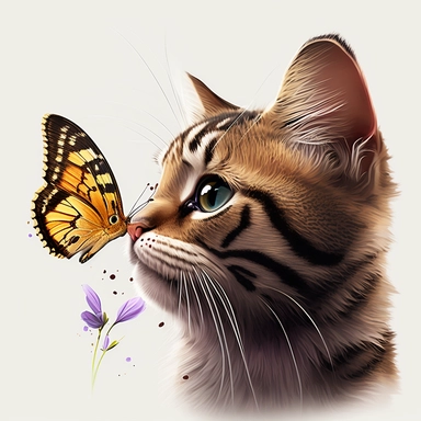 clipart style, cute cat gently touching its nose to a butterfly