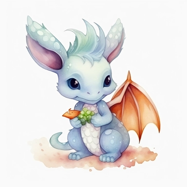 Watercolor Cute Baby Dragon eating a carrot, Drawings, Clip art, white background