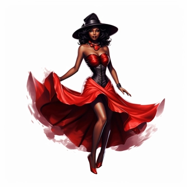 A very attractive black beauty witch in a red dress emphasizing her beautiful figure as a clipart on a white background