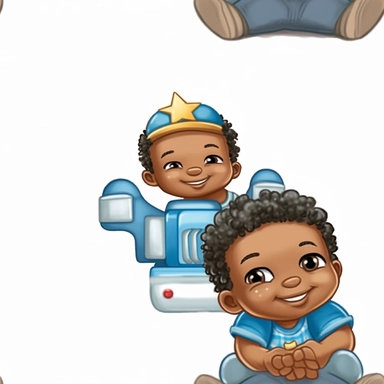 seameless isolated blue crown plush blue toy train, african- american boy happy illustrations clipart crisp white background