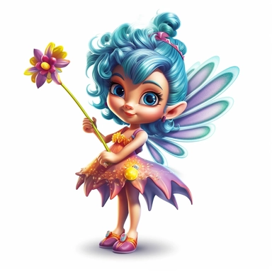 A 3D brightly colored cartoon character design of a tiny fairy with butterfly wings, wearing a flower dress, and a wand, with high detail, clipart stickers