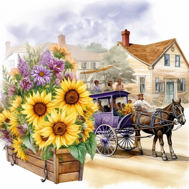 a country small town parade from the early 20th century with one wagon full of sunflowers and lavender watercolor clipart no fonts no letters no words