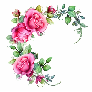 clipart, flowers in the shape of a curve or border for corner, one per page, watercolor clipart, hot pink roses and green leaves, isolated on white background,