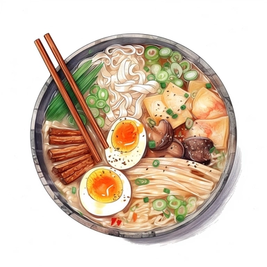 watercolor, hyper realistic, white background, white margins, 16k, ultra detailed clipart, cut out image, hand-drawn a steaming hot bowl of ramen noodles topped with sliced pork, bamboo shoots, and green onions in the style of nightcore, multilayered realism, ricoh ff-9d, light gray and light brown, mushroomcore, dark red and green, heavy shading