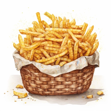A captivating watercolor, hyper - realistic clipart image with a white background and white margins, portraying a basket of crinkle - cut fries. The ultra - detailed, hand - drawn elements capture the distinct crinkle shape and texture of the fries. Use bold shades of yellow and brown to create a visually enticing image that showcases the nostalgic appeal of this childhood favorite