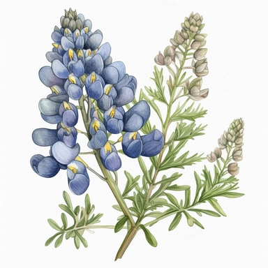 clipart of a bluebonnet with a style similar to watercolor and colored pencil, but slightly more realistic. The watercolor effect should only be applied to the bluebonnet , and not spill out onto the background, so that the image can be easily edited and used in different contexts. Keep the details minimal and use thick lines. white background