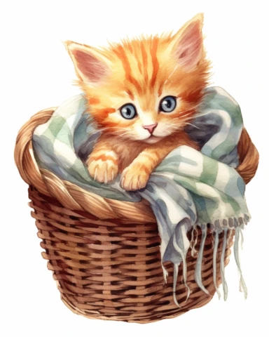 detailed watercolor Kitten in basket with scarf , realistic, isolated on a white background, clipart