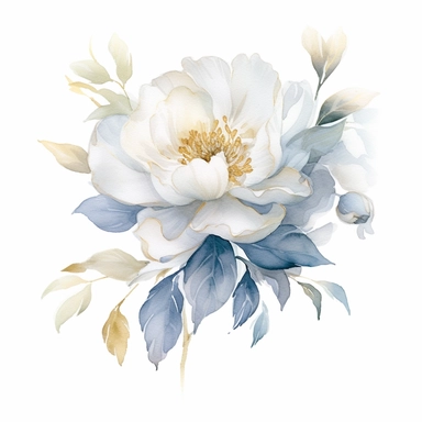 One Dusty blue and white austin rose flower, big blooms, with muted green whispy foliage with gold flicks, elegant and beautiful floral clipart for wedding invitations, delicate, watercolor, oil painting, defined edge on white background