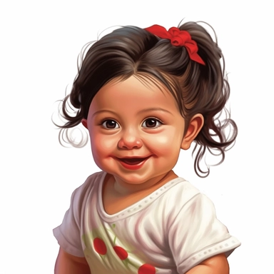Adorable, cute, mexican, baby girl, happy, smiling, wearing a red shirt and a satin ribbon in her hair, extreme focus, professional artists rendition, no text, no logo, no name, no letters, Highly Detailed, clip art, white background, smooth edges, flawle