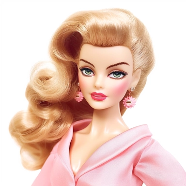 Beautiful pretty barbie doll 50's style, paint art style, detail, clipart, white background, superrealistic, one of a kind
