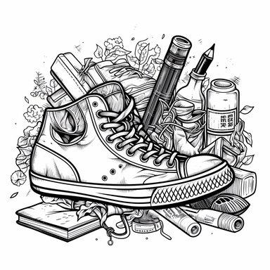 Coloring Page of Sneaker Detective Mystery: Design sneakers as detectives solving puzzling mysteries, following clues and unraveling hidden secrets, Doodle Art, LSD, Simple Design, Clipart black and white, Flat Vector
