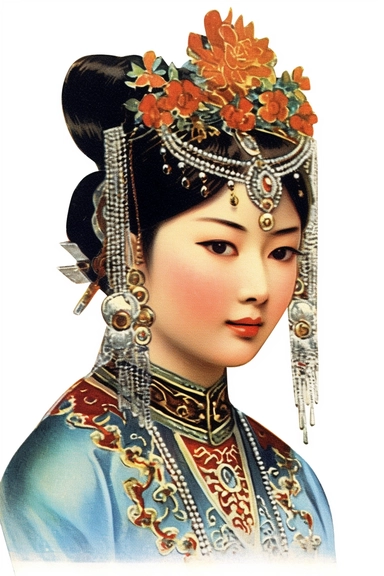 Vintage 1920 Asian woman along with a striking silver nose ring Illustration , Chromolithograph, Die Cut, 1920s Illustration, Vintage, Chromolithograph, Colorful, Antique, Ephemera, Clipart, 8k, Isolated on white