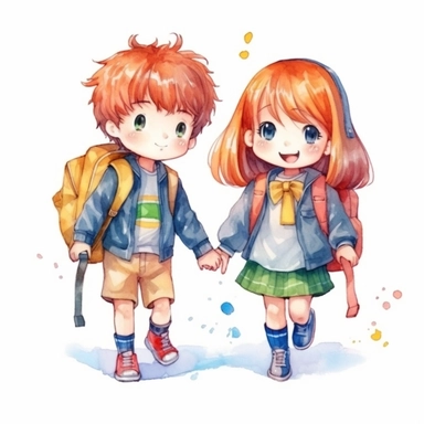 cute children back to school clipart, new normal, in the style of vibrant manga, single object, watercolor illustration, high definition 24k, white background for removing background