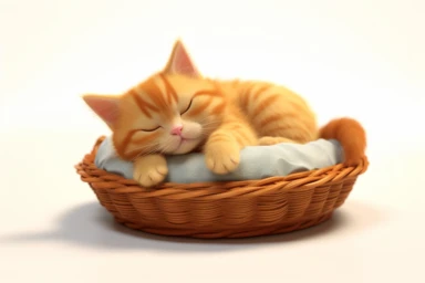 cute cat, pixar style, animation, hd, clipart, orange cat, sleeping, white background, basket