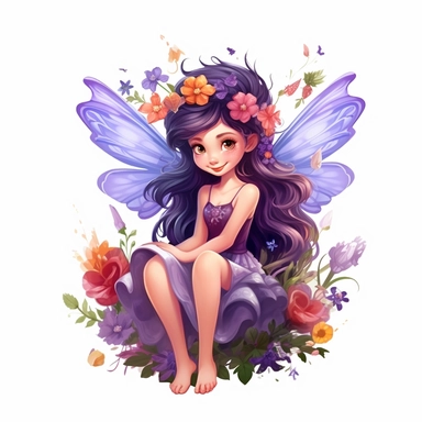 a beautiful smiling fairy girl sitting in flowers, big wings, purple dress, pixar style, full body image, clipart, white background