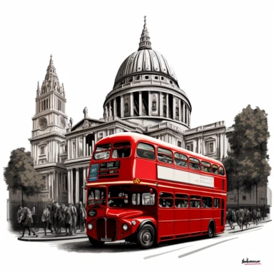 vibrant london red bus driving past St Paul’s Cathedral detailed colourpencil drawing clipart svg white background
