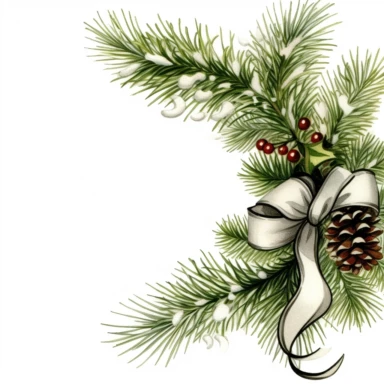 clipart with white background, pine boughs with pretty Christmas bow as a partial page border, clearly defined separate image, high quality--ar3:4-no mockups, watermarks, numbers, writing, letters--q2--v5.1--s1000