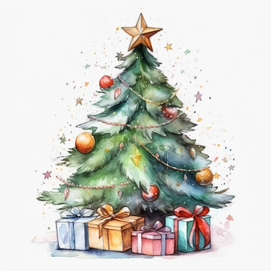 watercolor, Christmas tree decorated with stars and gifts - Clip art of a decorated Christmas tree or evergreen. png Full body realistic cartoon in 32K UHD cute. 15 cm thick outline. Black color. There was no shadow on the ground. 8k with realistic watercolors. and detailed illustrations. PNG clipart, transparent white background