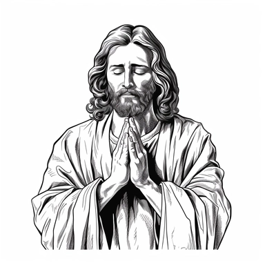 Jesus Christ, Cartoon Line art, praying, clipart style, solid white background