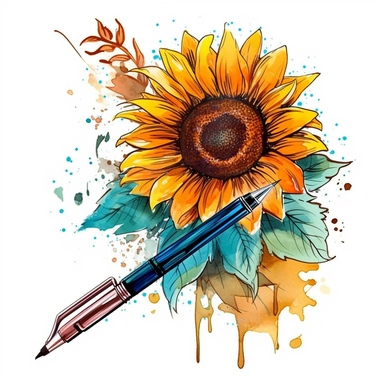 sunflower and pen letter drawn in watercolor, vector design, cutout,Sublimation Clipart ,Cartoon,hyper realistic, intricate detail, illustration style,high solution,on the white background