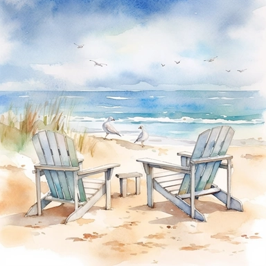 watercolor beach scene with a white wood beach chairs seagulls and seashells clipart,hd,space out,--3:2--,--s,1000,--v 5