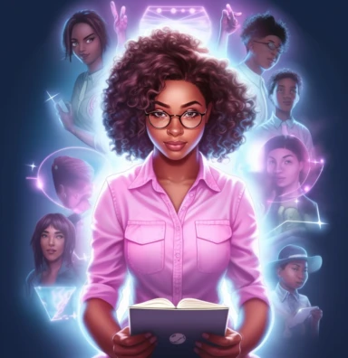 African American Black Girl Magic boss lady vector clipart vector illustration with transparent background, in the style of light indigo and light crimson, photo-realistic hyperbole, cluj school, transparent/translucent medium, detailed crowd scenes, light pink and light emerald, dark brown and white