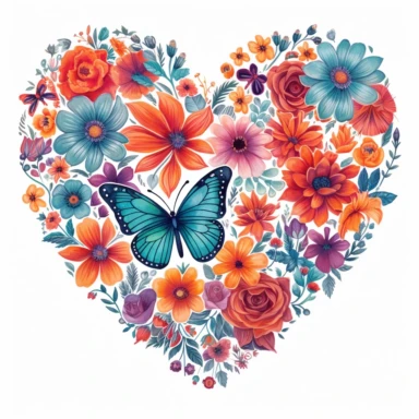 heart shaped composition of flowers and butterflies, 2d flat design, hand painted, colorful summer color palette of bright pink, coral orange, teal blue, and lavender in the style of Katie Daisy, clipart on white background, tshirt design