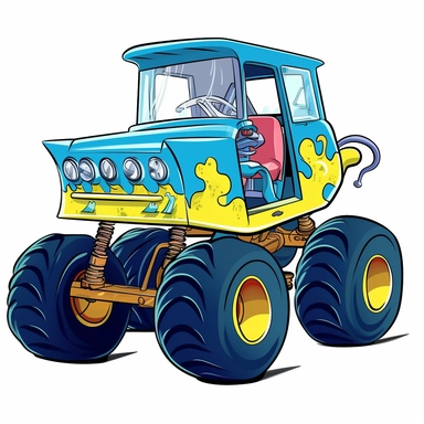 spongebob square pants in monster truck clipart, in the style of ultrafine detail, the blue rider, peter max, high-angle, sparse use of color, scientific illustrations, precise nautical detail