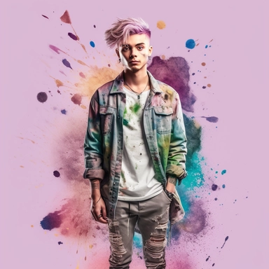 idyllic young man multicolor hair, fashion model, looking in the camera, eye contact, full body, fairytale dreamlike, clipart with watercolor splash background, with transparent background, hyper realistic, professional photography, super detailed