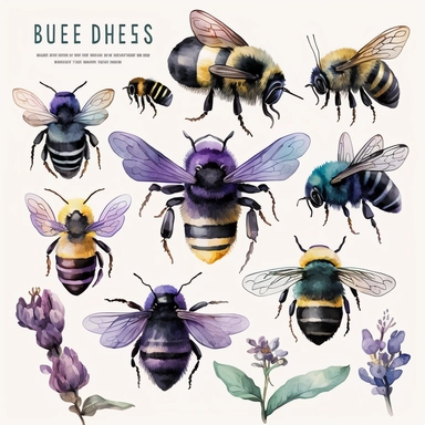 A collection of watercolor Violet Carpenter bee clipart, featuring various bee poses and expressions, bright colors, simple and clean design, soft brushstrokes, pastel colors, Winsor & Newton paints, white background, without text