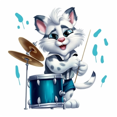 cartoon clipart design in disney style, drummer cat, white background