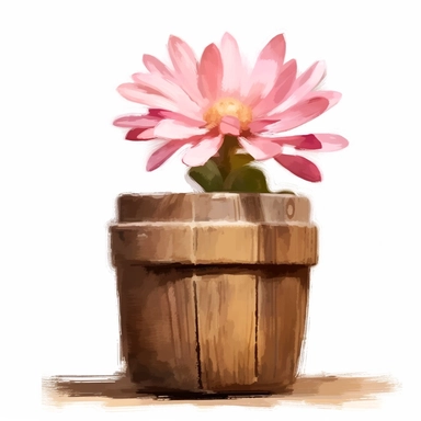 pink Flower inside a brown wood Pot Clipart in the style of oil painting, clean lines on a white background