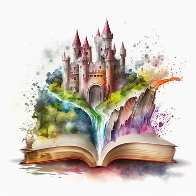 Clipart, Mythical Watercolor Castle Emerging from an Open Book, no background, hd