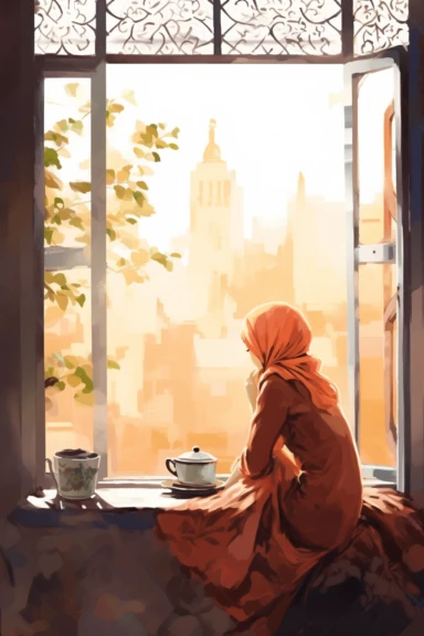back view of a beautiful Hijabi girl, sitting while drink a coffee in her moroccan house and a window is open, no face is showing, muslim lady clipart, veiled woman clipart, clipart illustration, watercolor illustration style, very detailed,