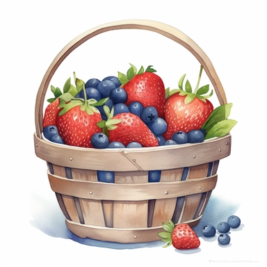 Visualize a clipart-style watercolor illustration of a close up of detailed basket brimming with freshly harvested fruits, set against a clean white background. Use bright, pastel colors to bring out the red strawberries, blue blueberries, and green apples ensuring the colors pop against the stark white backdrop. Utilize leading lines from the basket's rim to the vegetables to create depth. The composition should place the basket of vegetables centrally, emphasizing its intricate details and sum
