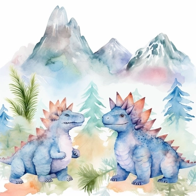 friendly, fluffy watercolor dinosaurs clipart, pastel colors, in the mountains, forest, separated, seamless, transparent background--AR 3:2
