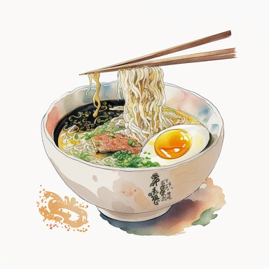 an bowl of japanese ramen, anime art, authentic ramen, watercolor, white background, clipart
