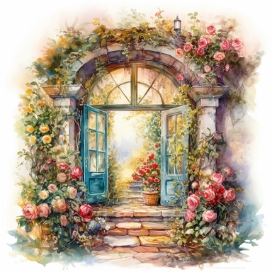 isolated on white illustration watercolor art of a rustic window from inside the fairy house, the window shows the landscape from the garden with roses and a road going into the mountains, a lot of roses and ivy, masterpiece by Hans Zatzka style and by Josephine Wall style and by Alexander Jansson style and by Ivan Fedorovich Choultse style, Art Nouveau Architecture, PNG clipart, isolated on white, extreme photorealistic details, 32k HD resolution, realistic high detailization high resolution