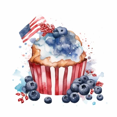 4th Of July ,blueberry muffins watercolor clipart, one single in a picture, with American flag, and blue red and white flowers aroud,white background