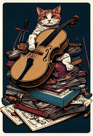 a violin sitting on top of a pile of cards, a character portrait, inspired by Louis Wain, pixabay contest winner, cheshire cat death tarot card, clipart icon, streaming on twitch, spritesheet, puppet on a string, world series of poker, bass drum, game asset, kintsugi, HD,