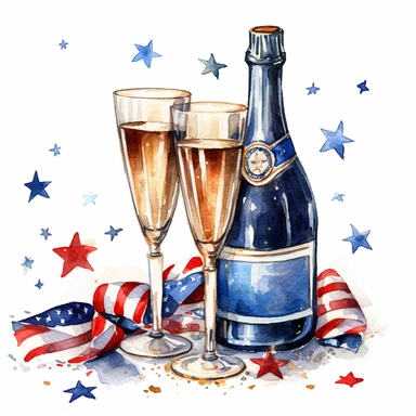 Champagne Bottles and Glasses: Design clipart featuring champagne bottles, glasses, and popping corks. This clipart can be used to symbolize toasting, celebrations, and special occasions.patriotic pattern, stars and stripes, red white and blue, delicate detail, watercolor, in the style of artgerm, 2d game art, quadratura, clipart, on white background,