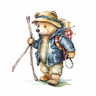 one bear holding a cane and carrying a backpack Watercolor clip art on a white background, in the style of charming character illustrations, realistic brushwork, detailed costumes, adventurecore, cottagepunk, handheld, wallpaper , no watermark, text, 300 DPI , typography, shapes do not stick together, no text in the picture, on a white background