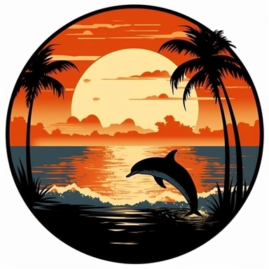 beach scene clip art black images, palm trees, ocean, dolphins, sunshine, logo style
